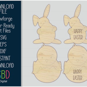 Küken und Hasen Frohe Ostern Zeichen - Holz Ostern Zeichen Datei - Laser-Ready Vorlage - SVG Schneidedatei - Glowforge Digital DOWNLOAD