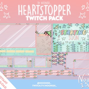 May include: A pink and green Twitch overlay pack with a tropical theme. The pack includes a starting soon screen, chat box, panels, and alerts. The text "Heartstopper Twitch Pack" is at the top of the image. The text "@NOONISH_ TWITCH.TV/NOONISH_" is at the bottom of the image.