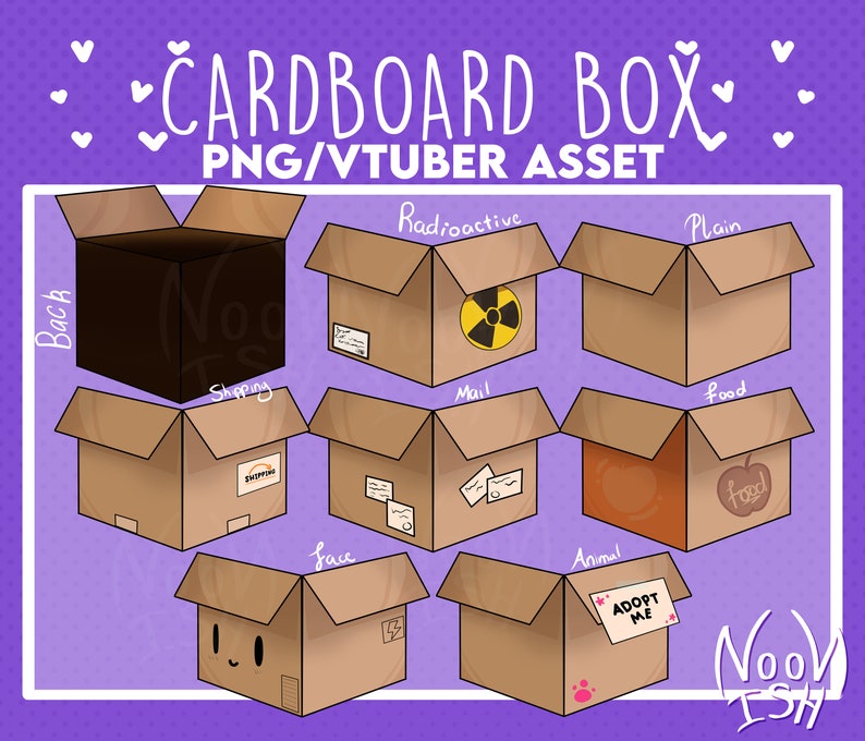 May include: A set of ten brown cardboard boxes with different labels and designs. The boxes are labeled with words like "Radioactive", "Plain", "Mail", "Food", "Shipping", "Face", "Animal", and "Back".