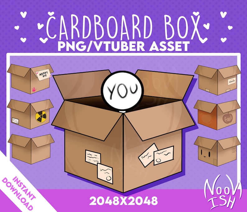 May include: A set of 8 cartoon cardboard boxes with different designs. The boxes are brown with white accents. The boxes are 2048x2048 pixels. The text "YOU" is inside one of the boxes. The text "NOOWISH" is in the bottom right corner of the image.