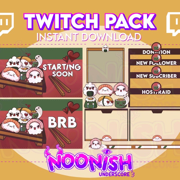 Cute Sushi Twitch Pack Overlay | Twitch Package | Scenes | FaceCam | Emotes | Alerts | Chat Box | Twitch Graphics for Streamers