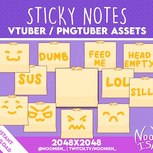 May include: A set of 10 yellow sticky notes with various text and emojis. The notes are arranged in a grid on a purple background. The text on the notes includes "DUMB", "FEED ME", "HEAD EMPTY", "SUS", "LOL", "SILLY", and "2048X2048".