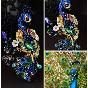 May include: A beaded peacock brooch with blue, green, and gold sequins. The peacock is perched on a branch with white flowers. The brooch is handmade and features intricate details.