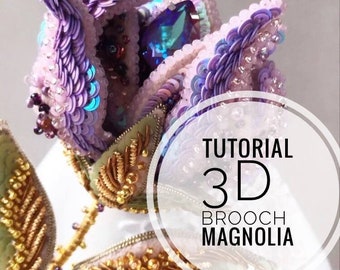 Magnolien Blumen Brosche Stickanleitung PDF | Perlen & Pailletten-Muster | Luxus Handgemachter Schmuck DIY
