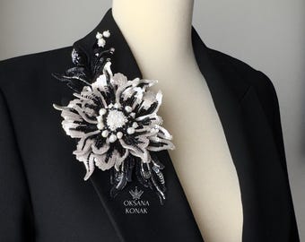 Black Luxury brooch  flower/Elegant Lili/Magnolia/Silver and black brooch/Peony/Jewelry//Embroidery Brooch/Lily flower/Gift for women girls