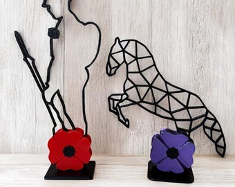 A Black 3D printed Silhouette Memorial Standing Soldier horse Lest We Forget Figure. Remembrance Day, memorial soldier, poppy, war horse