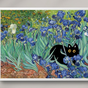 デジタルダウンロード フィンセント・ファン・ゴッホのアイリス猫のプリント、ファン・ゴッホ猫のポスター、黒猫アート、面白い猫のプリント、面白いギフト。花のアート