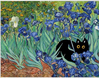 DIGITAL DOWNLOAD Vincent Van Gogh&#39;s Iris cat Print, Van Gogh Cat Poster, Black Cat Art, Funny Cat print, Funny gift. Flower art