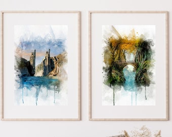 Set aus 2 Herr der Ringe Aquarell Prints, Der Bruchstein Druck, Die Argonath, Mittelerde, Herr der Ringe