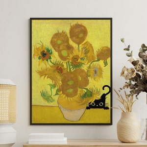 Black Cat Van Gogh . Vincent Van Gogh&#39;s Flowers Cat Print, Van Gogh Cat Poster, Black Cat Art, Funny Cat print, Funny gift. Cat Lover art.