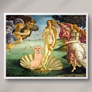 Golden Retriever Labrador Botticelli Naissance de Vénus estampe d'art classique. Décoration murale de chien dessin Golden Retriever. Cadeaux pour les amoureux des chiens Art canin