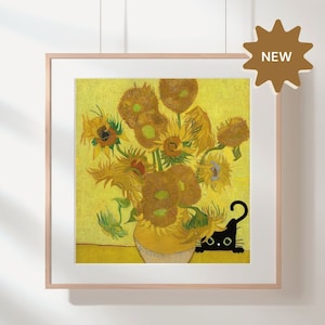 DIGITAL DOWNLOAD Vincent Van Gogh&#39;s Flowers Cat Print, Van Gogh Cat Poster, Black Cat Art, Funny Cat print, Funny gift. Flower art