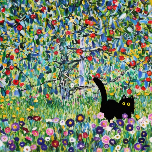 Klimt Apple Tree Cat Print, Klimt Flowers Cat Poster, Black Cat Art, Floral Print Funny Cat print, cat lover, Home decor Poster Gustav Klimt
