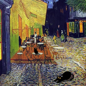Impression de chat de la terrasse de café de Vincent Van Gogh la nuit, affiche de chat de Van Gogh, art de chat noir, impression de chat drôle, cadeau drôle. Art amoureux des chats. Art de chat