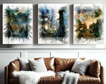 3er Set Elven Herr der Ringe Aquarell Drucke, Bruchtal, Lothlorien und die Grey Havens Druck, Mittelerde Kunst, Herr der Ringe. Elfenreiche.