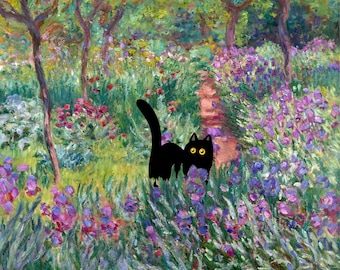 Monet Iris Garden Cat Art Print: Funny Black Cat Poster (Digital Download)