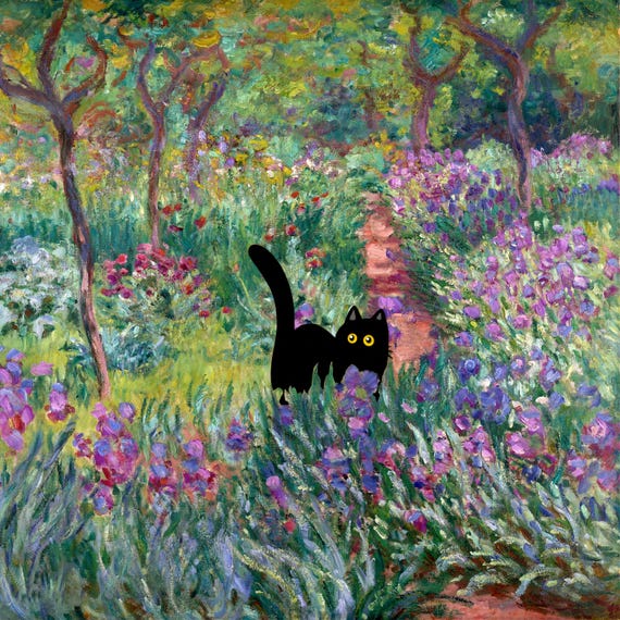 Monet Iris Garden Cat Art Print: Funny Black Cat Poster (digital