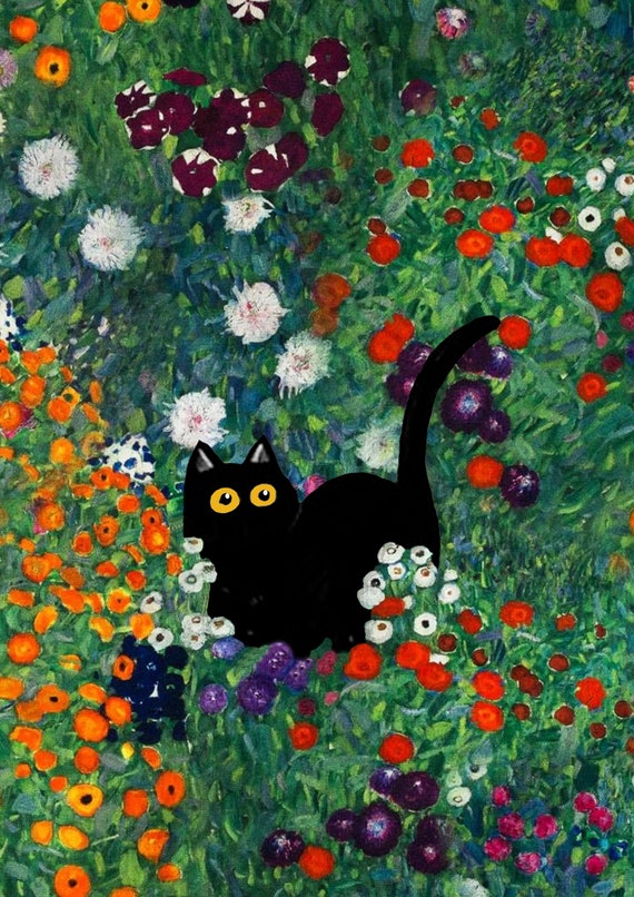 Klimt Garden Cat Art Print: Funny Black Cat Poster - Etsy