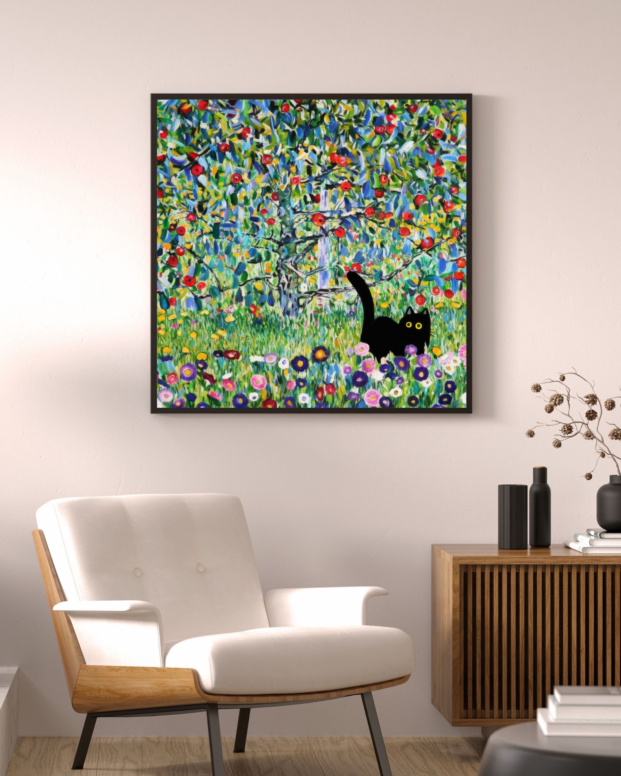 DIGITAL DOWNLOAD Gustav Klimt Apple Tree Garden Cat Print, Klimt Cat Poster, Black Cat Art Funny Cat print, Fun, cat lover gift, Floral Cat