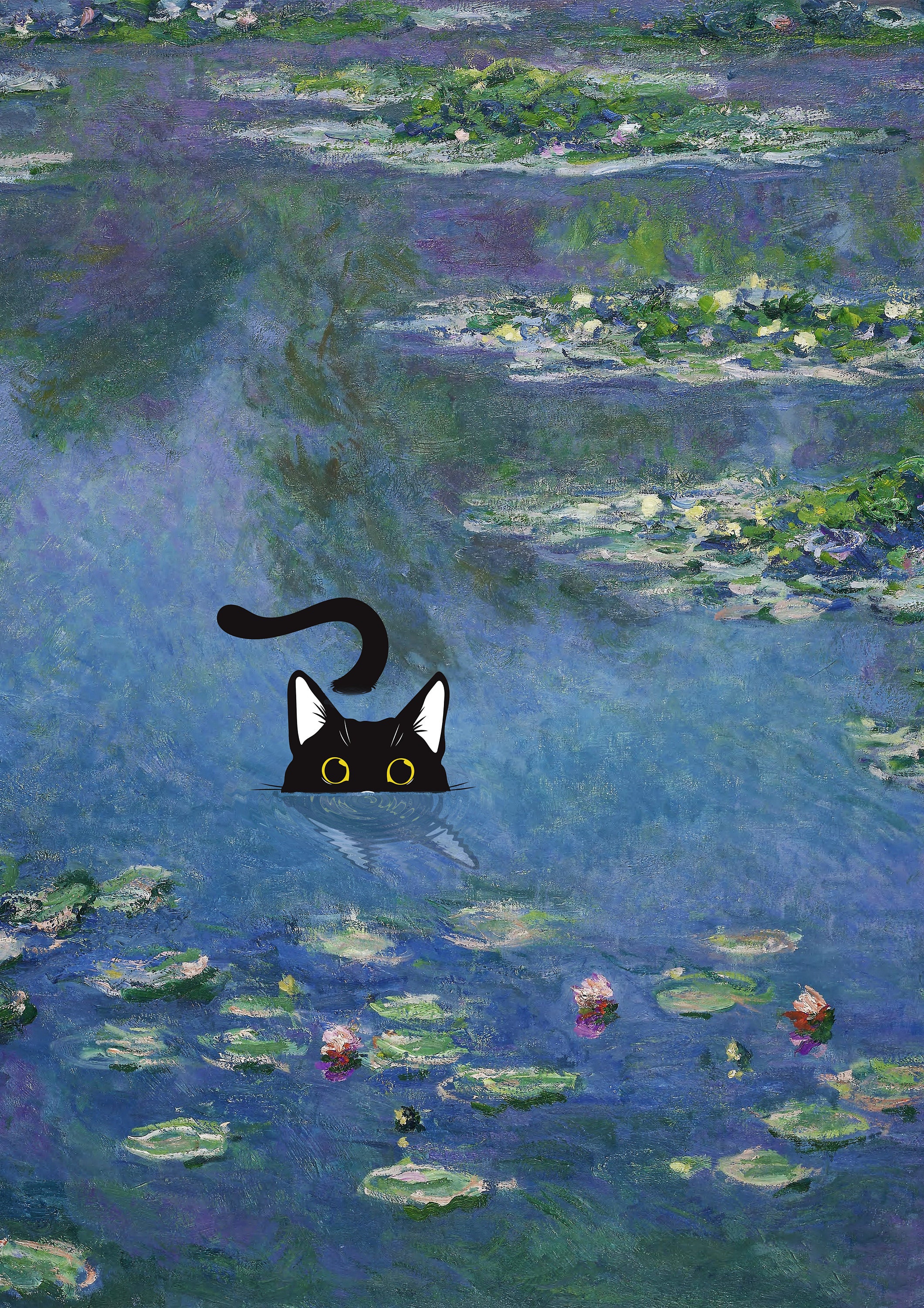 モネの睡蓮の黒猫アートプリント：猫好きへの面白いギフト - Etsy 日本