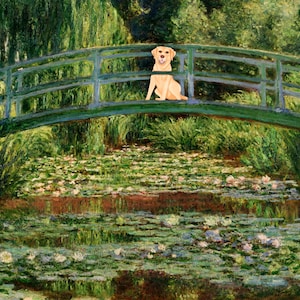 DIGITAL DOWNLOAD Golden Retriever Labrador Monet Bridge Art Print. Golden Retriever Drawing. Dog Artwork. Dog Wall Decor. Dog lover decor