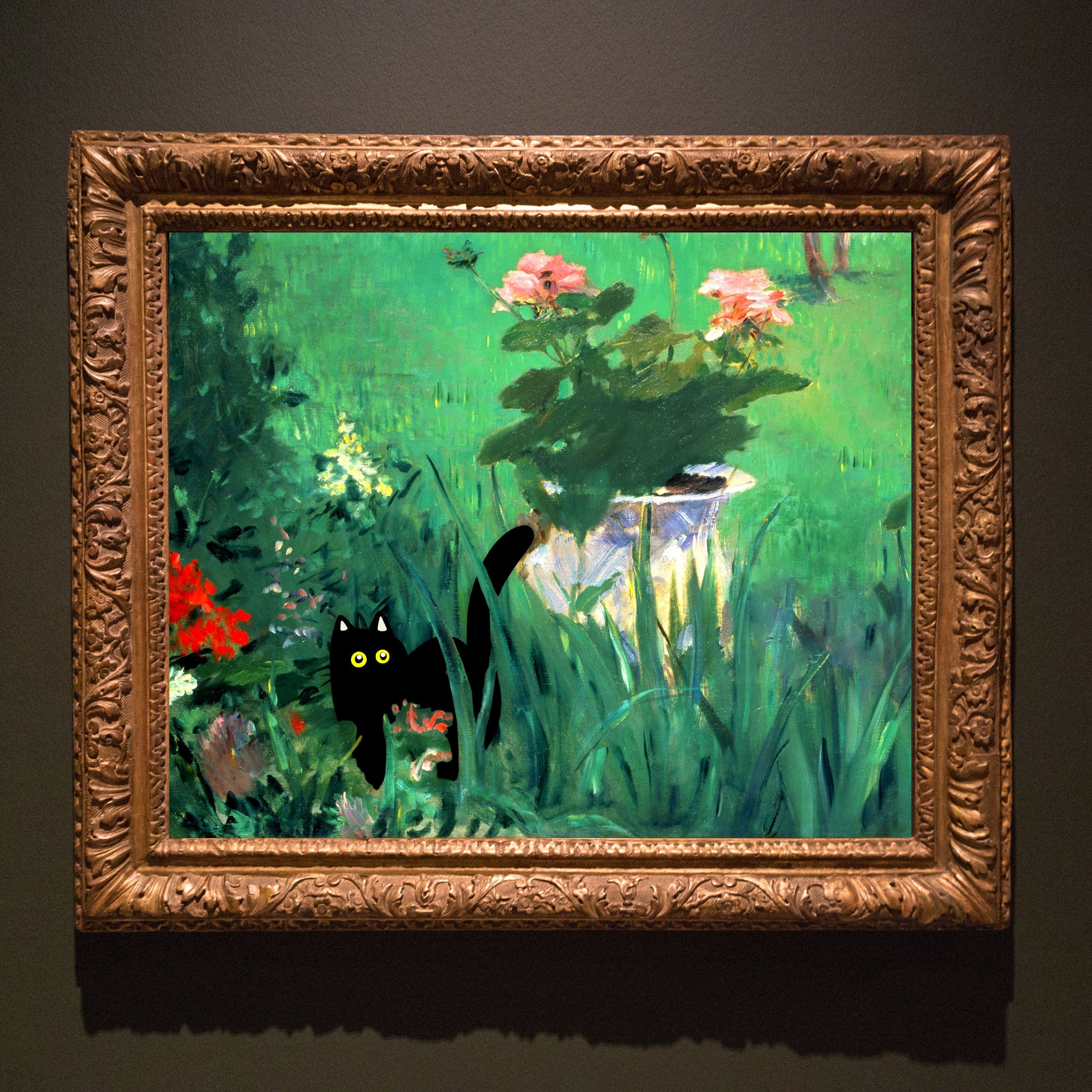 花の中の猫 エドゥアール・マネ、猫のポスター、黒猫アート、花柄、庭