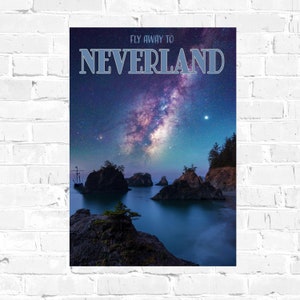 Neverland Peter Pan Travel Poster for Fictional Destinations in Literature. J M Barrie