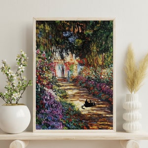 Monet, schwarze Katze im Garten, Gartenkatzenposter, lustiges Katzenbild, lustiger Katzendruck, lustiger Kunstdruck für Katzenliebhaber