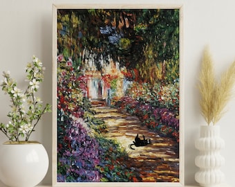 Black cat in garden famous Monet Garden Cat Poster funny Black Cat Art Funny Cat print, Fun, cat lover gift for cat mom fine art print gift