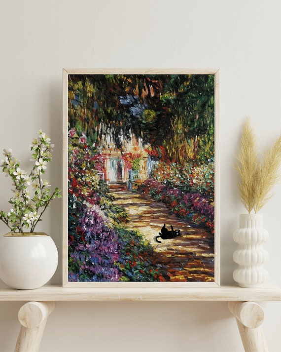 Monet Garden Cat Art Print: Funny Black Cat Poster