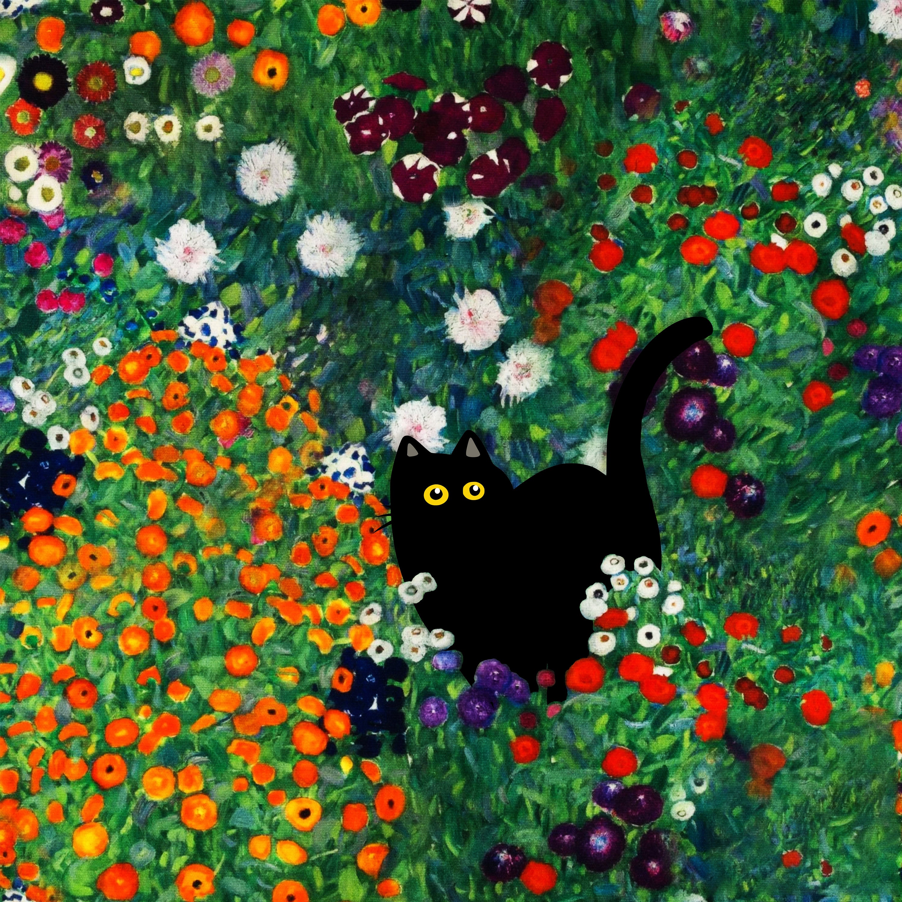 クリムトのガーデンキャットアートプリント：面白い黒猫の花柄ウォール