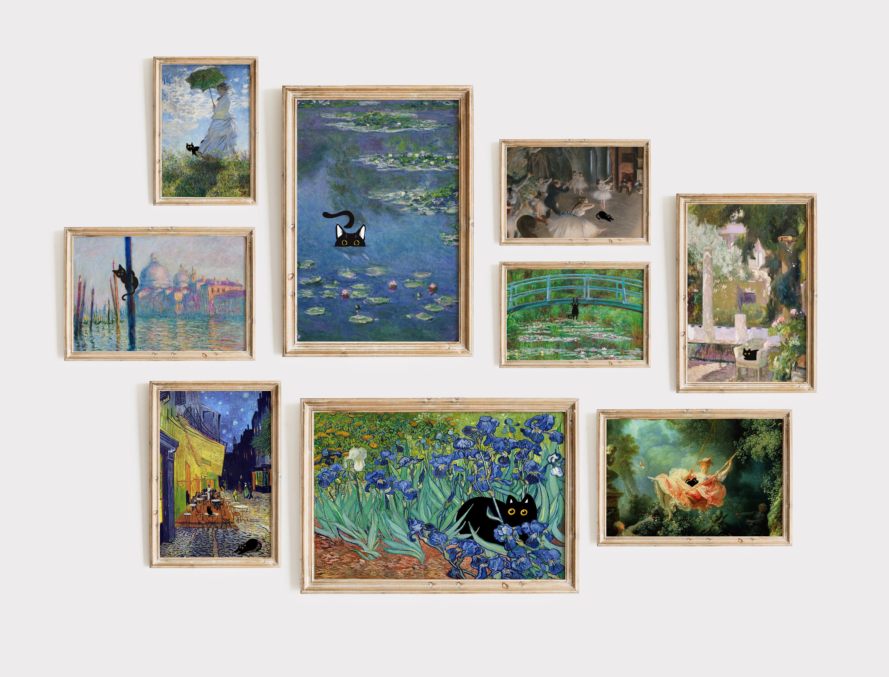 モネの睡蓮の黒猫アートプリント：猫好きへの面白いギフト - Etsy 日本