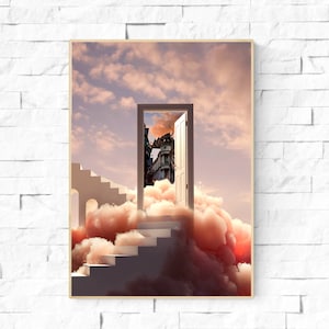 May include: A white door opens to reveal a city scene with a dragon in the sky, all surrounded by fluffy pink clouds. A set of stairs leads up to the door.