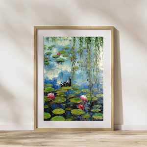 Monet Seerose Katze Druck, Claude Monet Katze Poster, Schwarze Katze Kunst, Blumendruck, Lustige Katze Druck, Lustiges Geschenk, Katzen Liebhaber Kunstdruck