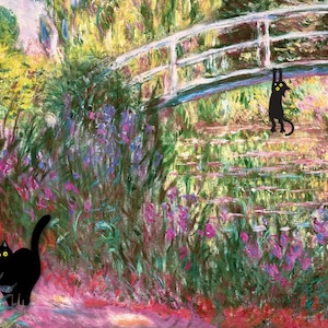DESCARGA DIGITAL Impresión de gato de Monet Puente sobre un estanque de nenúfares, póster de gato de Claude Monet, regalo para amantes de los gatos. Obra de arte famosa de dos gatos negros