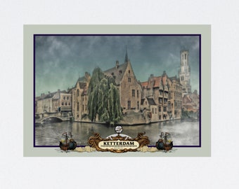 Puede incluir: Una postal vintage con una vista brumosa de una ciudad europea con una torre alta y un puente sobre un canal. La postal tiene un borde dorado y el texto "KETTERDAM" en una fuente decorativa.