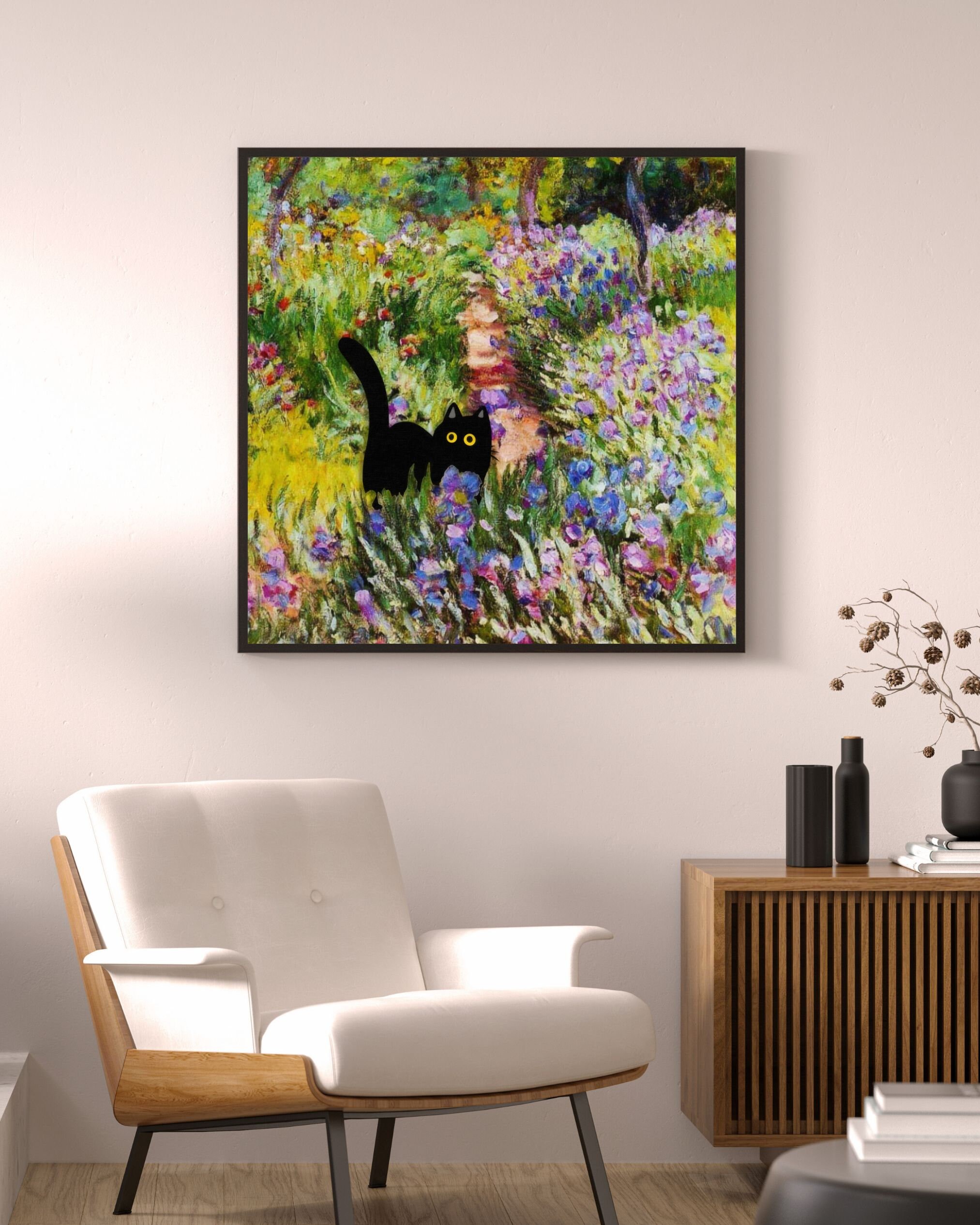 Monet Iris Garden Cat Art Print: Funny Black Cat Poster (digital
