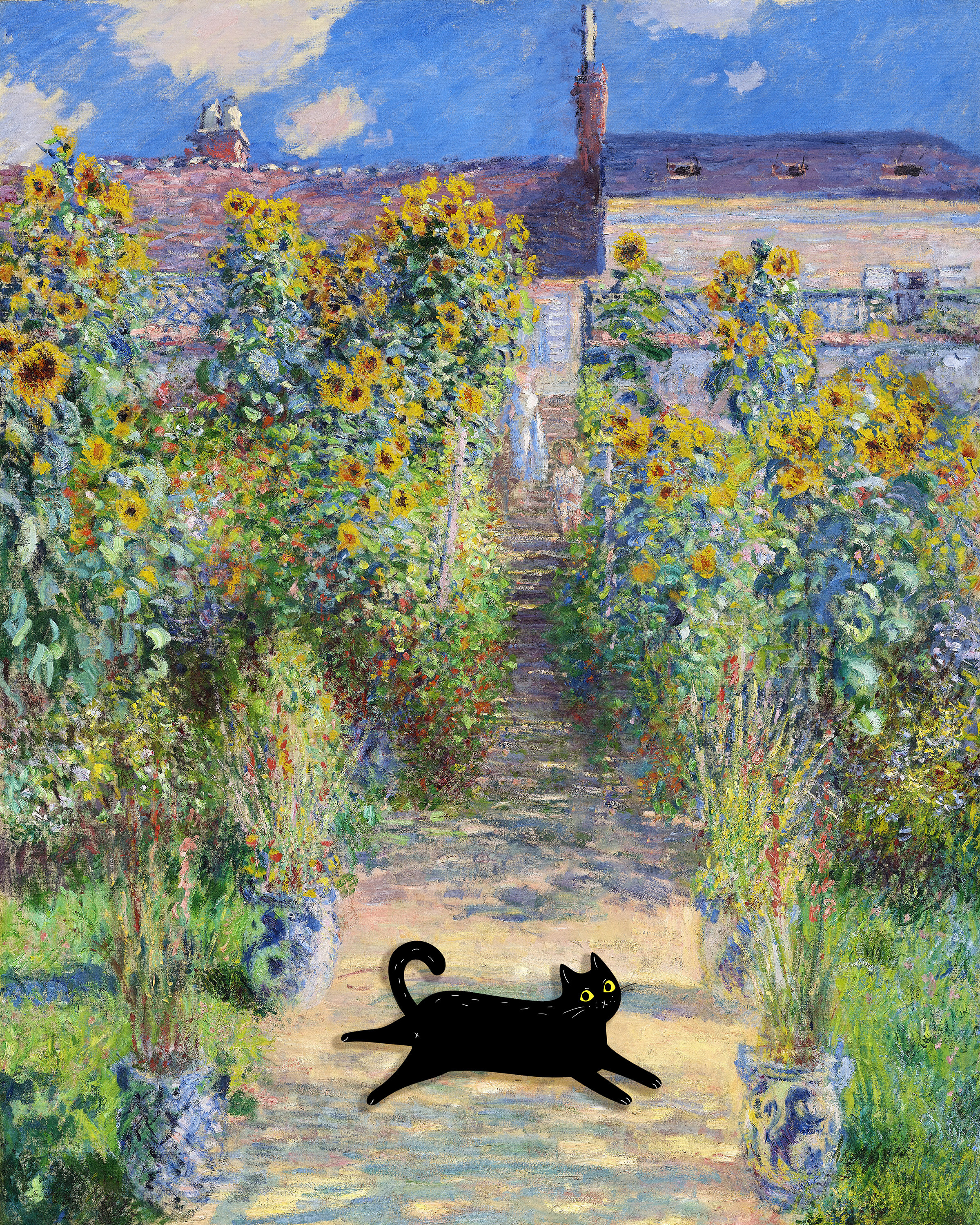 Monet Garden Cat Art Print: Funny Black Cat Poster (digital