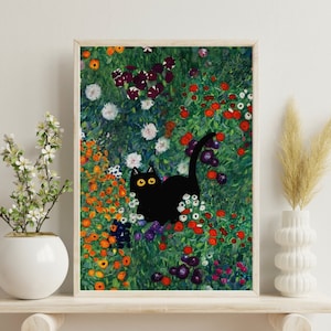 Kat poster grappige kat kunst zwarte kat in beroemd schilderij kattenliefhebber muur kunst cadeau voor kattenliefhebber Home decor poster Gustav Klimt klassieke kunstafdruk