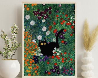 Klimt Garden Cat Print, Klimt Flowers Cat Poster, Black Cat Art, Floral Print, Funny Cat print, amante de los gatos, Decoración del hogar Póster Gustav Klimt