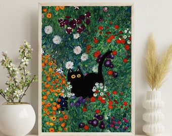 Klimt Garden Cat Print, Klimt Flowers Cat Poster, Black Cat Art, Floral Print, Funny Cat print, amante de los gatos, Decoración del hogar Póster Gustav Klimt