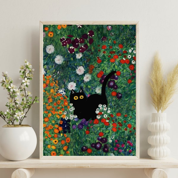 Klimt Garden Cat Print, Klimt Flowers Cat Poster, Black Cat Art, Floral Print, Funny Cat print, cat lover, Home decor Poster Gustav  Klimt