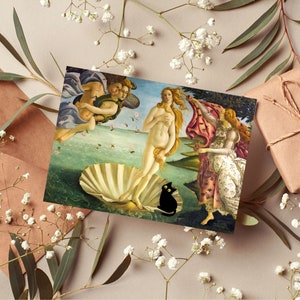 Impression de chat Naissance de Vénus de Botticelli, affiche de chat d'art classique, art de chat noir, carte de voeux drôle, impression de chat drôle, cadeau drôle, cadeau de maman de chat