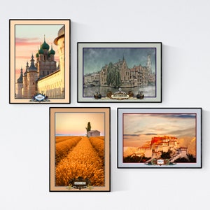 May include: Four framed prints of different cityscapes and landscapes. The top left print shows a colorful cityscape with a church in the center. The top right print shows a cityscape with a canal and a bridge. The bottom left print shows a field of golden wheat. The bottom right print shows a mountaintop with a building in the distance.