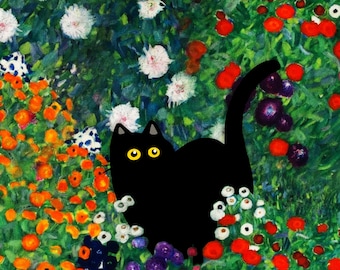 Black Cat art print funny cat in Garden wall art funny cat gift cat decor cute cat wall decor floral cat artwork cat illustration garden