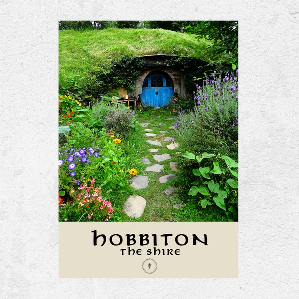Hobbit Hole Blue Door Middle-Earth Travel Poster. J R R Tolkien Hobbiton Wall Art. Frodo Baggins Home Poster. Hobbit Wall Decor. LOTR art