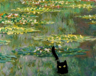 Monet Waterlily Black Cat Print
