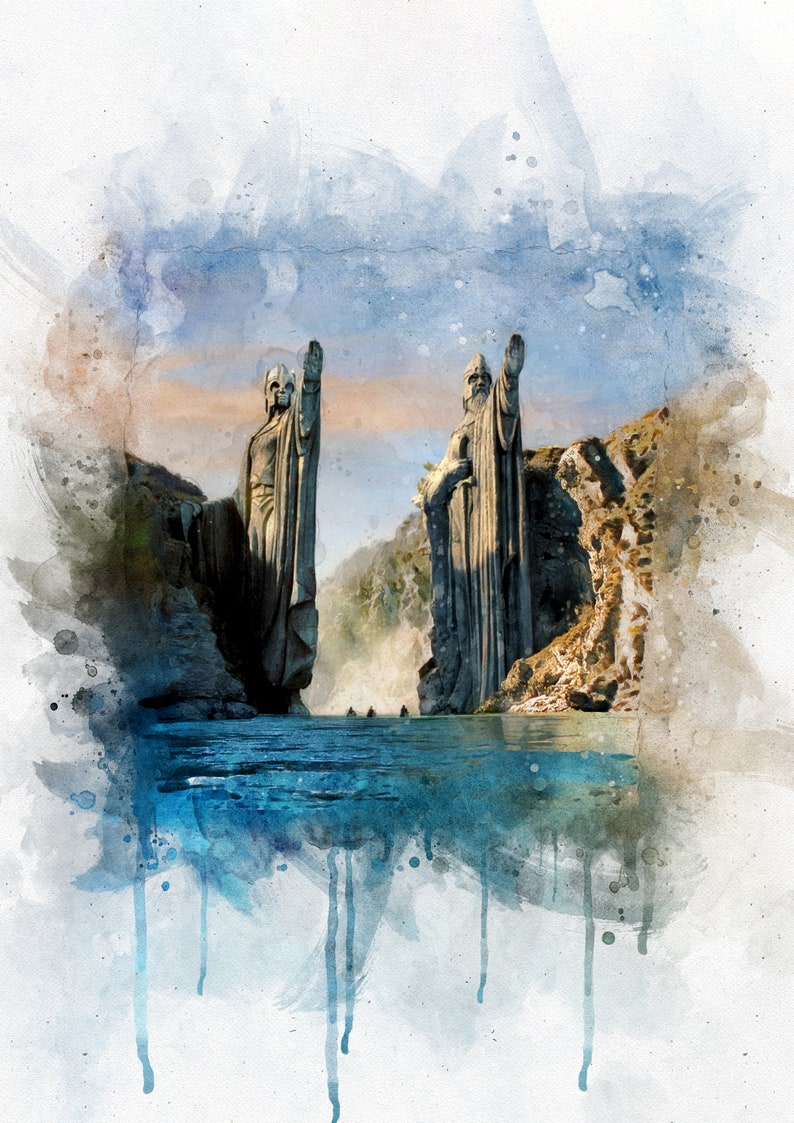 K&ouml;nnte beinhalten: Ein Aquarellbild von zwei gro&szlig;en, steinernen Statuen von Figuren mit erhobenen Armen, die auf Klippen stehen und auf ein Gew&auml;sser blicken. Die Statuen sind in einem ged&auml;mpften Grauton gehalten, das Wasser ist leuchtend blau. Der Hintergrund ist ein weicher Aquarell-Farbverlauf in Blau und Rosa.