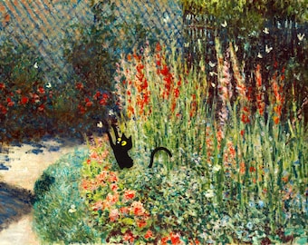 May include: A black cat with yellow eyes sits in a garden with tall, colorful flowers. The cat is looking up at a butterfly.