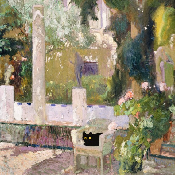 Sorolla Gardens Funny Cat Art Print: Floral Home Decor (digital